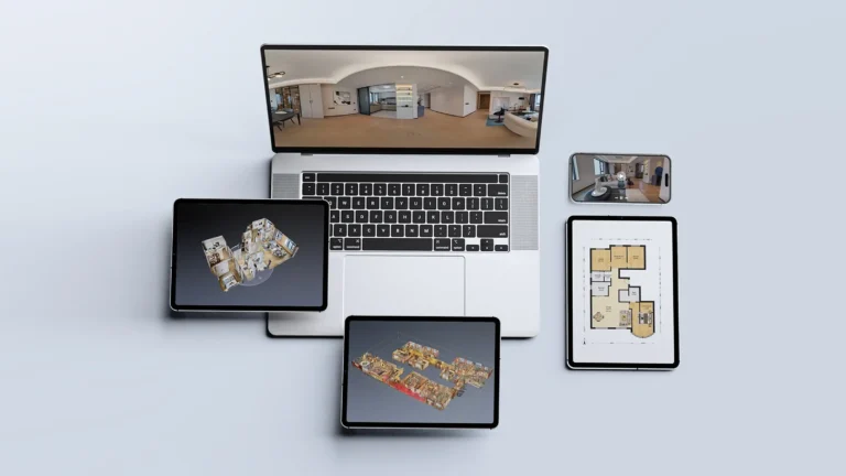 Kannettava tietokone, tabletit ja puhelin näyttävät 3D-malleja, pohjakuvia ja 360-näkymiä eri laitteilla.