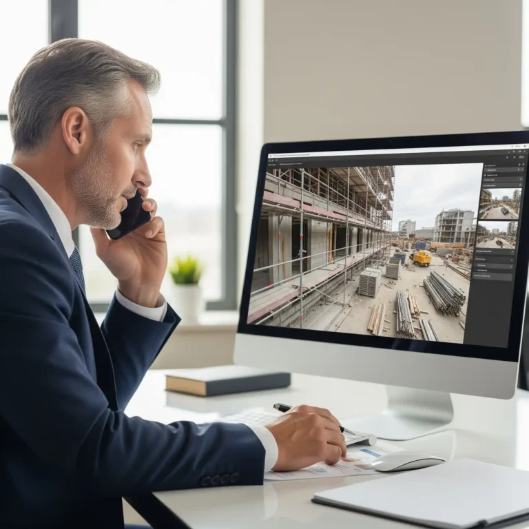 Rakennuttaja tarkastelee työmaan tilannetta tietokoneelta puhelun aikana – Tilavista-seuranta käytössä