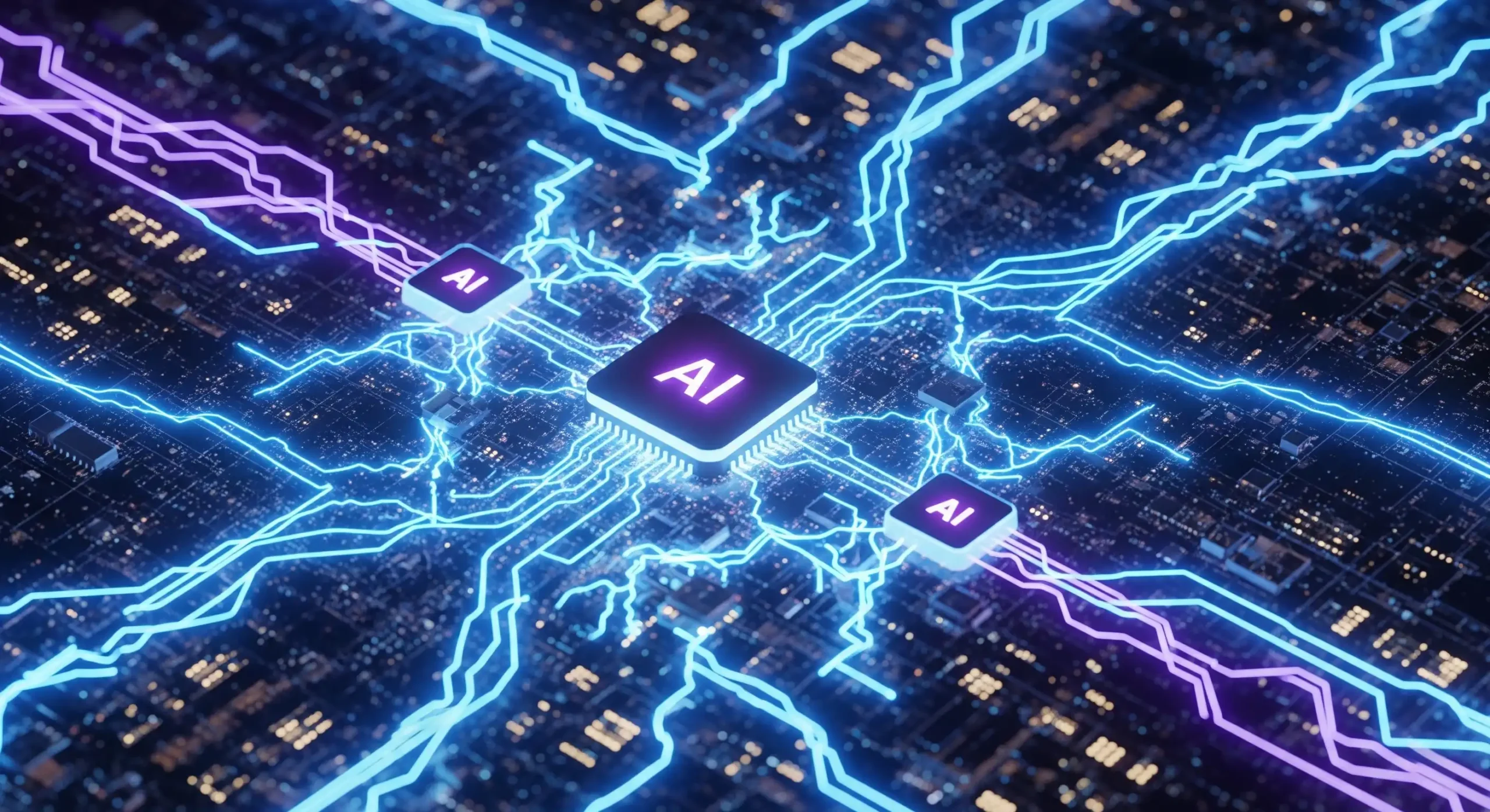 Tekoälyprosessorit ja sähkövirrat esittävät tekoälyn toimintaa – teknologinen visualisointi