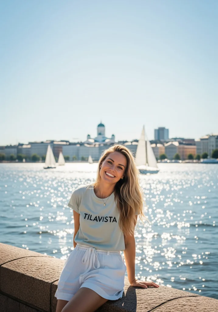 Nainen istuu kivimuurilla meren rannalla Helsingin edustalla, taustalla purjeveneitä ja Helsingin tuomiokirkko. Hänellä on TILAVISTA-logo t-paita yllään.
