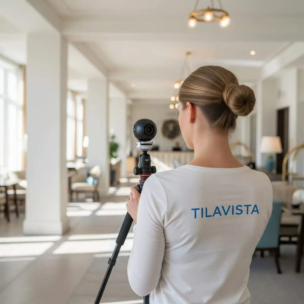 Tilavistan asiantuntija kuvaa hotellia virtuaaliesittelyä varten
