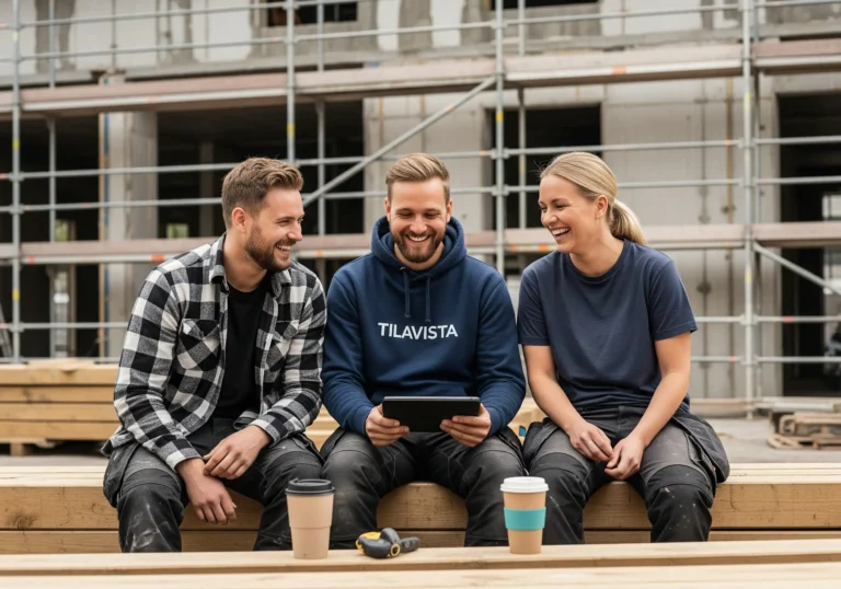 Kolme rakennusalan ammattilaista istuu työmaalla nauraen, keskellä henkilö Tilavista-hupparissa
