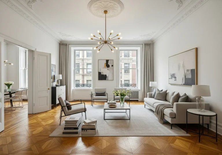 Valoisa ja modernisti sisustettu olohuone, jossa suuret ikkunat, vaalea värimaailma ja tyylikäs kalustus.