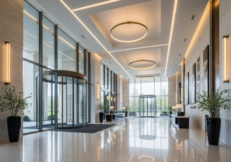 Tyylikäs liiketalon sisäänkäyntiaula, jossa korkeat lasiseinät, pyöröovet ja moderni valaistus.