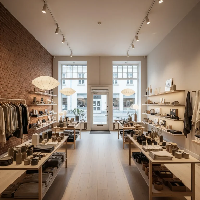 Valoisa kivijalkamyymälä, jossa minimalistinen sisustus, puiset hyllyt ja luonnonmateriaalit esillä.
