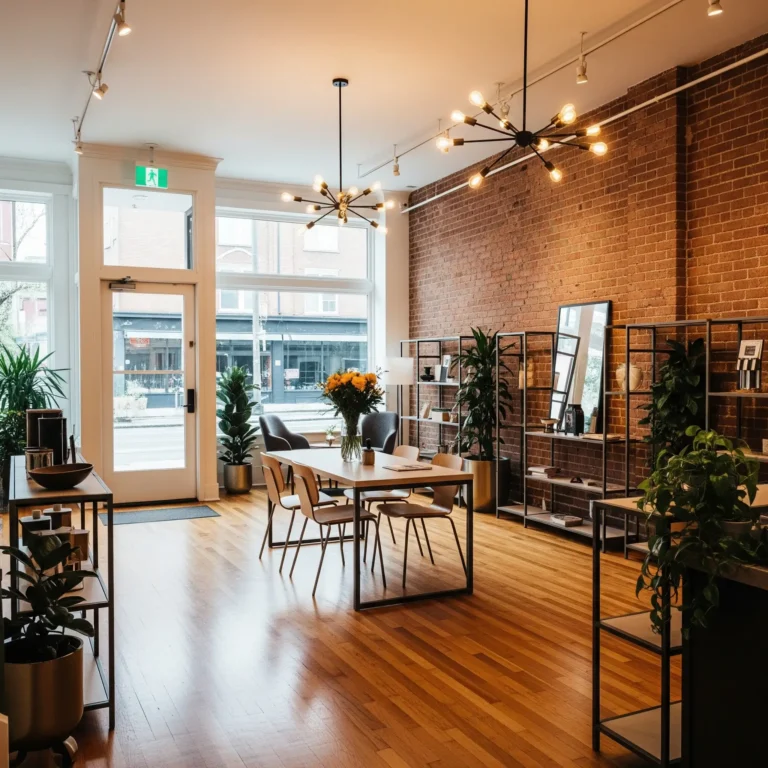 Valoisa ja moderni liiketila, jossa on tiiliseinä, puulattia, showroom-hyllyjä ja pöytä kukka-asetelmalla. Suuret ikkunat kadulle.