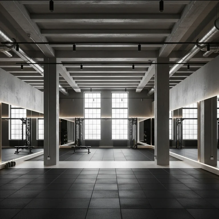 Moderni ja pelkistetty kuntosali, jossa mustat lattiat, peilit ja suurista ikkunoista tulviva luonnonvalo.