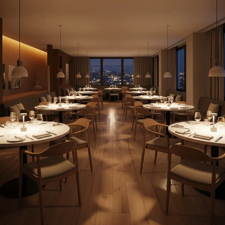 Tunnelmallinen illallisravintola, katetut pyöreät pöydät, pehmeä valaistus ja kaupunkinäkymä ikkunoista.