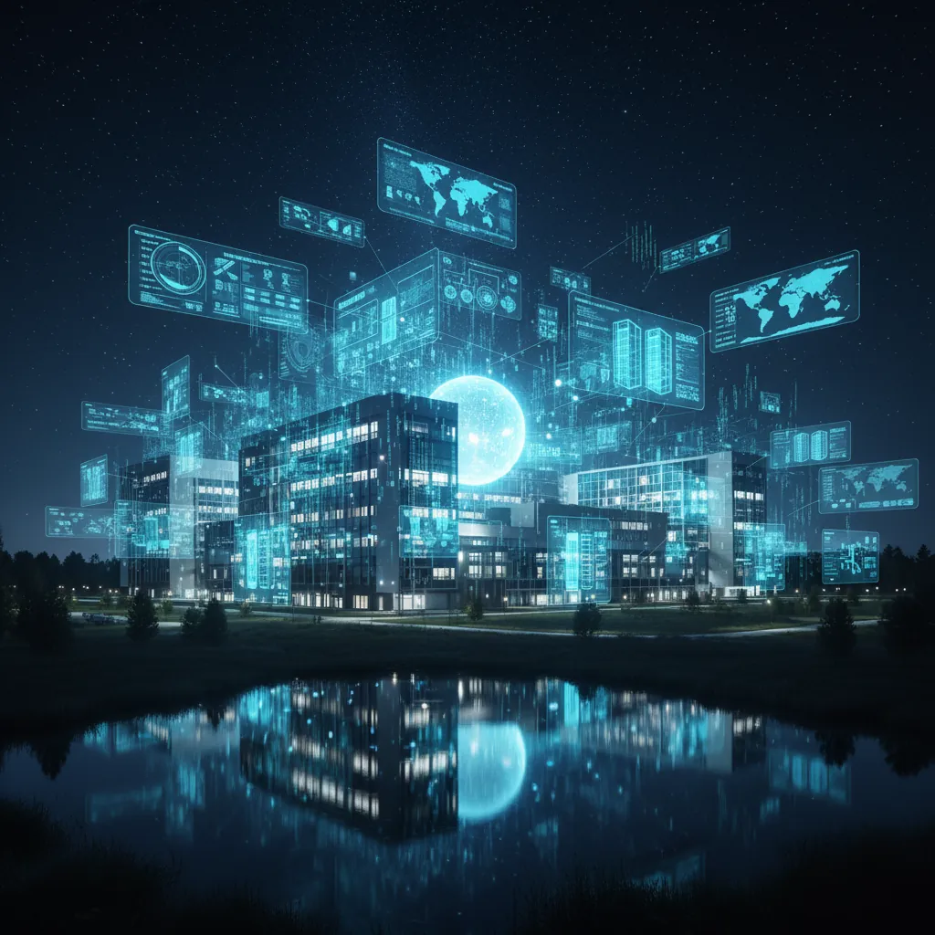 Futuristinen älykaupunki, jossa digitaaliset hologrammit ja data-analytiikka heijastuvat rakennusten ylle yömaisemassa.