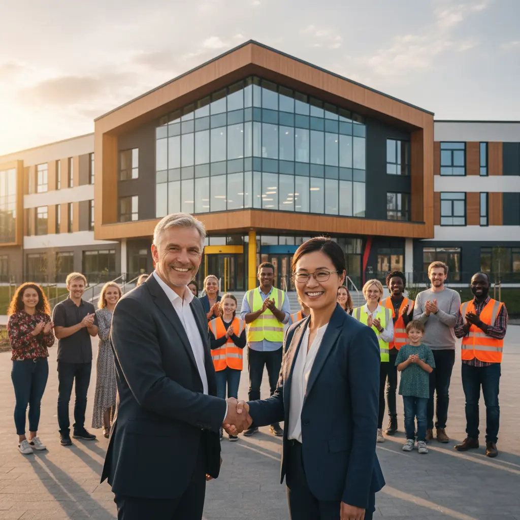Kaksi liikemiestä kättelee uuden modernin rakennuksen edessä, taustalla projektitiimi juhlistaa onnistunutta yhteistyötä.