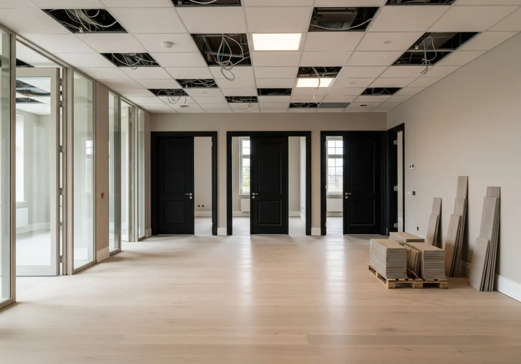 Keskeneräinen toimitilan sisustus, lasiseinät, mustat ovet ja viimeistelyvaiheen työt.