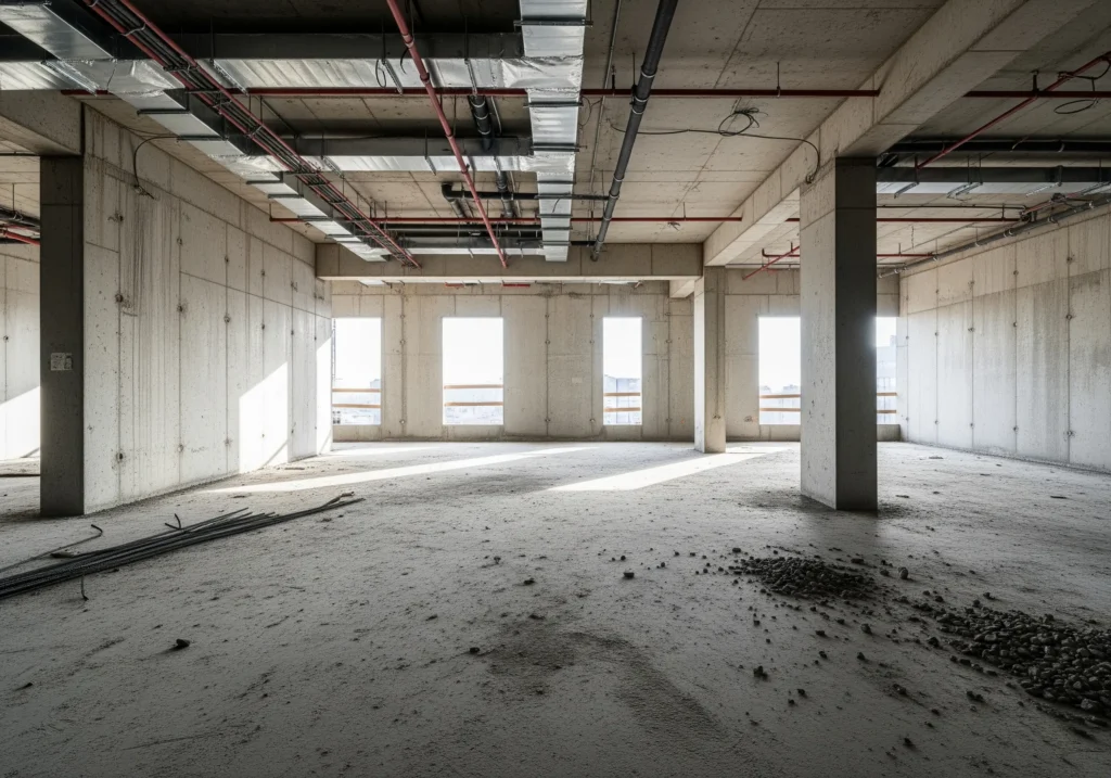 Rakennustyömaan sisätila, betonirunko ja keskeneräinen toimisto- tai liiketila.