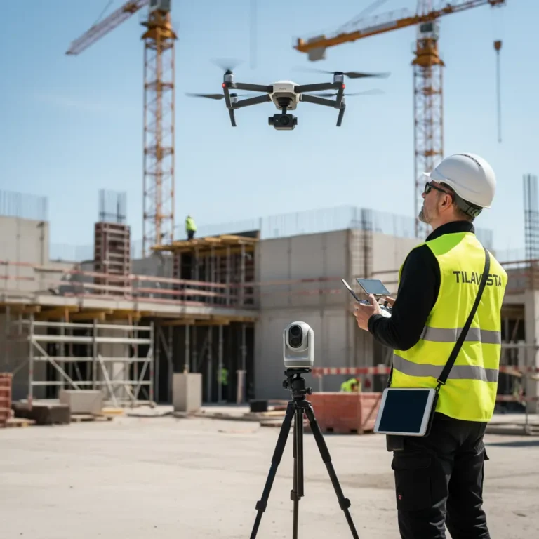 Rakennustyömaalla työskentelevä henkilö lennättää dronea ja käyttää mittauslaitteita, taustalla nostureita ja rakenteilla oleva rakennus.
