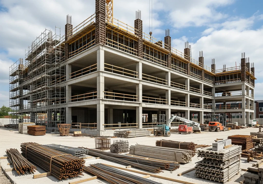 Rakennustyömaa, useampikerroksinen betonirunko valmistumassa osana suurta rakennushanketta.