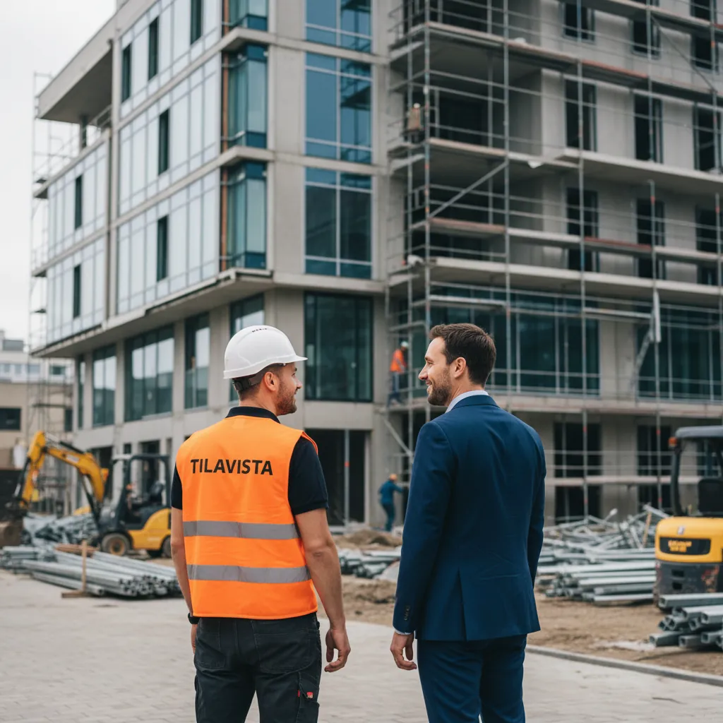 Tilavistan työntekijä keskustelee asiakkaan kanssa rakennustyömaalla, taustalla kerrostalon rakennusvaihe.
