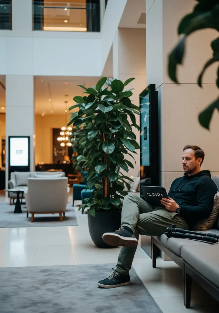 Mies istuu modernin aulatilan sohvalla käyttäen Tilavista-tablettia, vieressä sisäkasvi ja kamera.