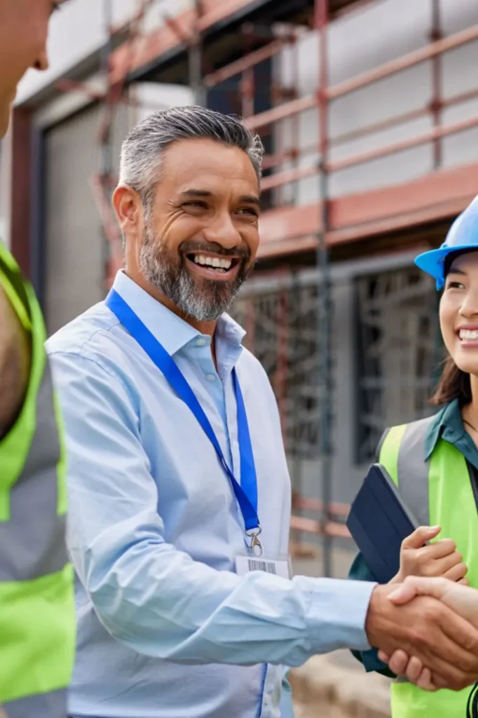 Rakennustyömaan johto ja työntekijät kättelevät ja keskustelevat hymyillen, taustalla rakennustelineet.