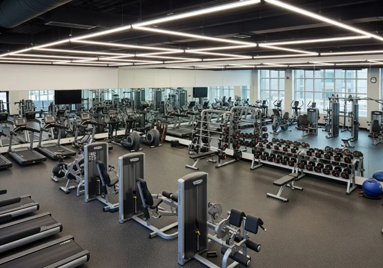 Moderni kuntosali kuntosalilaitteilla ja painoilla
