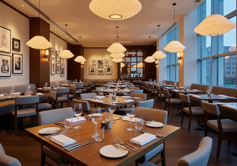 Moderni ravintola kattaus ja tunnelmallinen valaistus