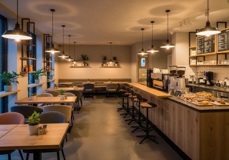 Moderni kahvila, jossa puiset pöydät, baaritiski ja lämmin tunnelmavalaistus.